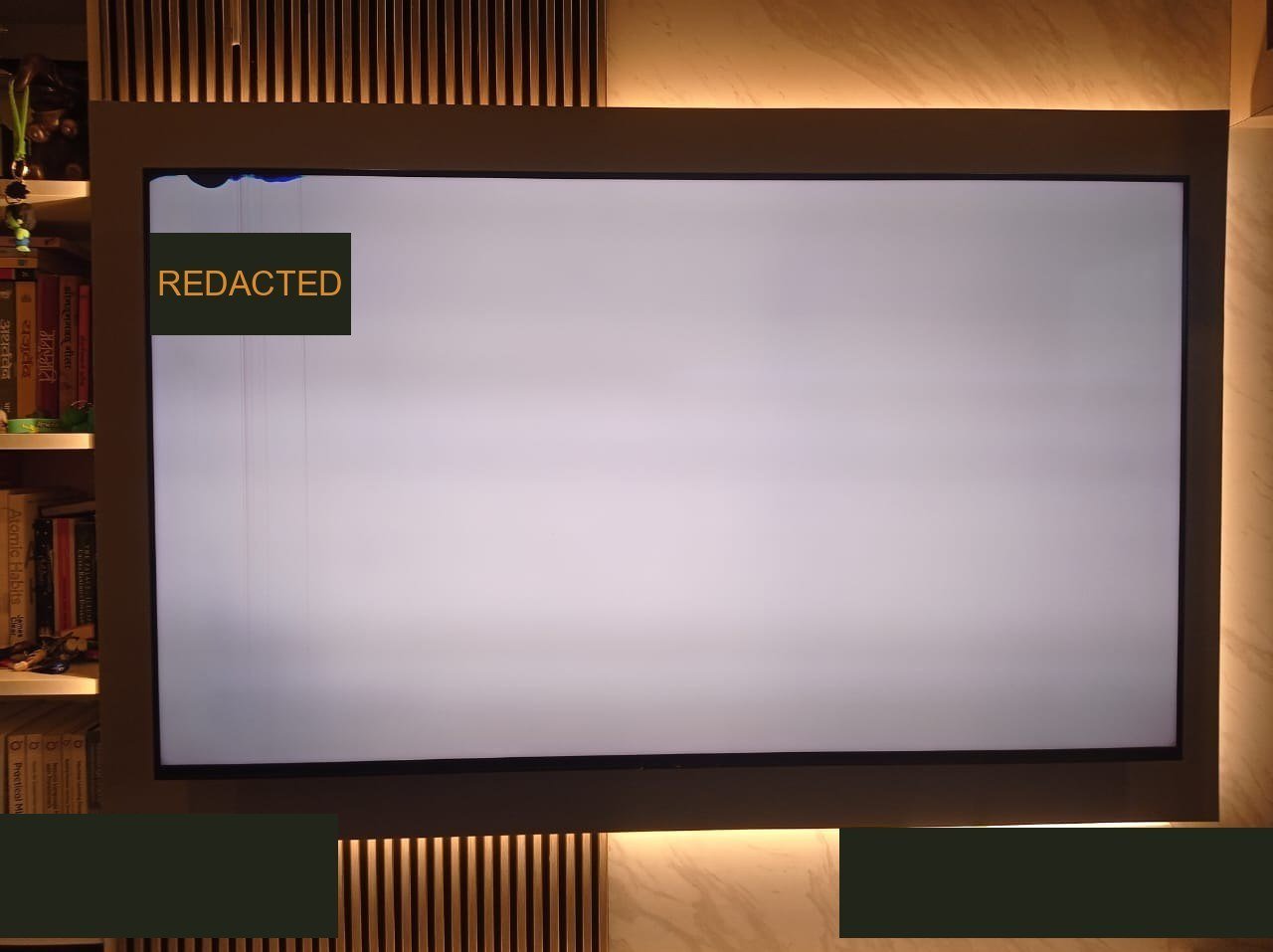 Pale test screen with taped serial label, the photo Sony cites as evidence